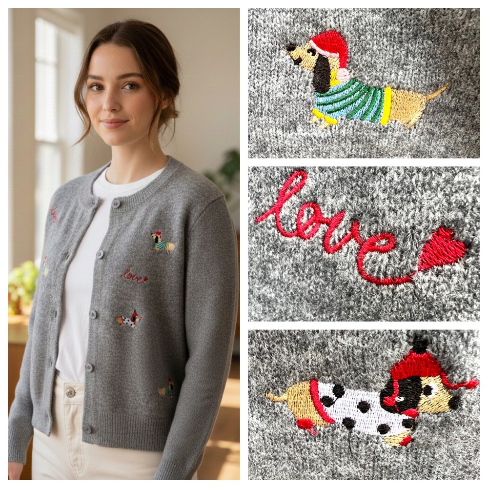 New Embroidered Dog Cardigan‎ Sweater Women Wool Grey Novelty Boxy M Knit NWT